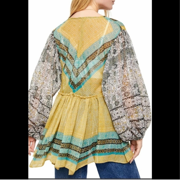 Womens Free People Aliyah Printed Metallic Sheer Boho Tunic Top Size XS - Picture 2 of 10